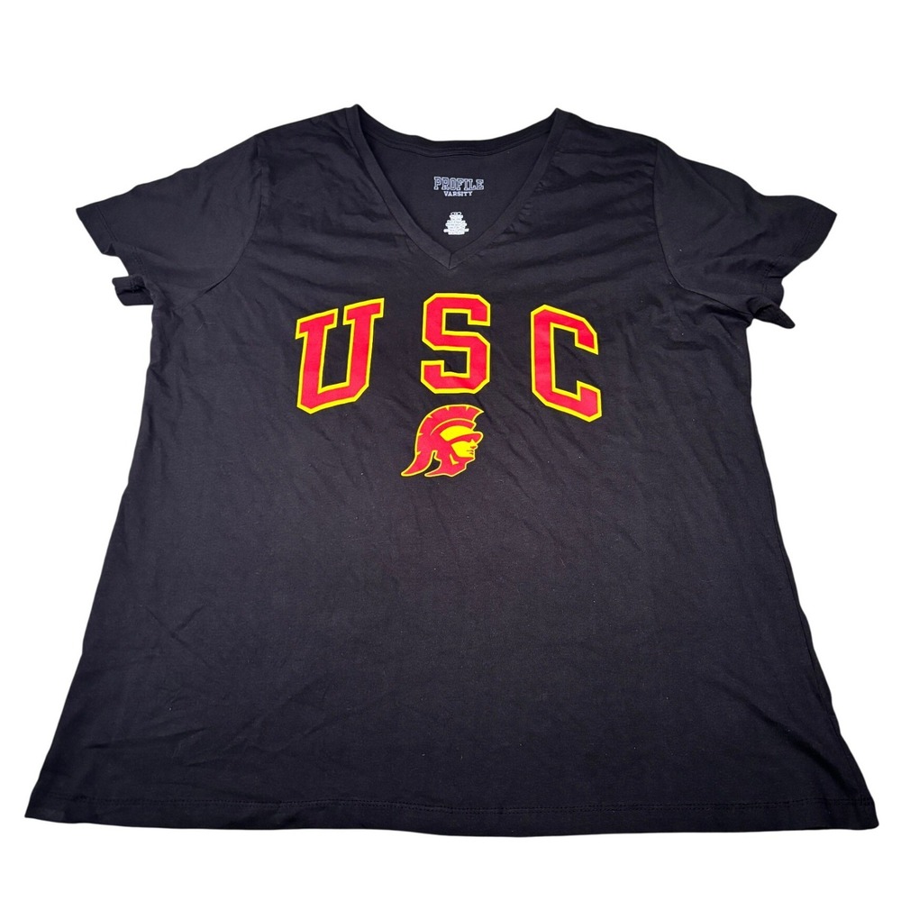 Profile‎ Varsity USC T-Shirt Women 1X Black V-Neck Cotton Graphic Tee NCAA NWOT
